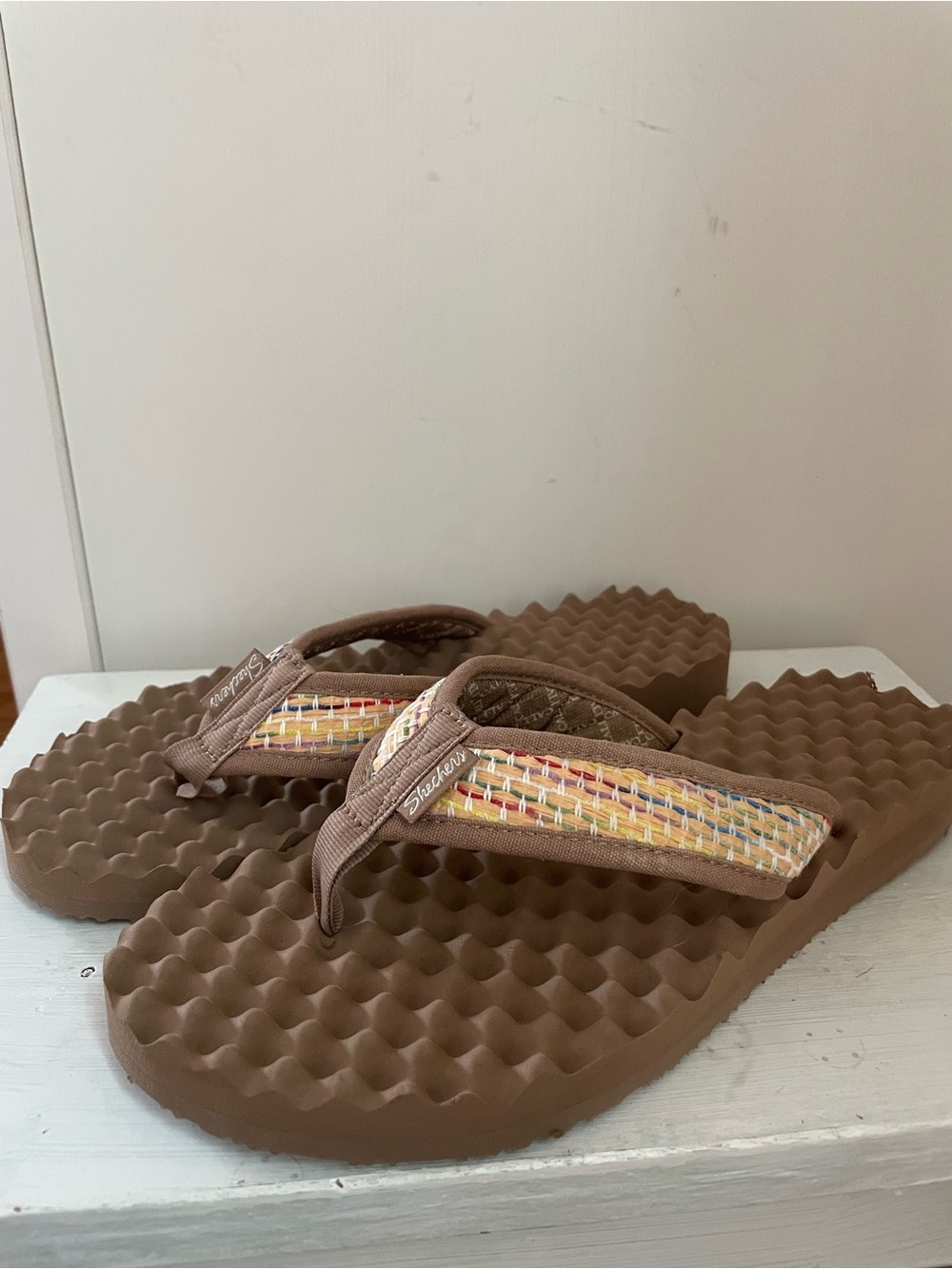 Skechers Brown Foam Flip Flops with Multicolor Woven Straps
